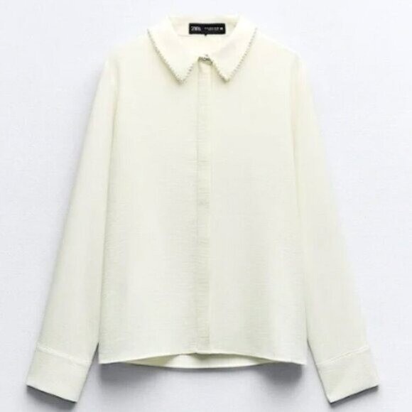 Zara Ivory Pearl Trim Collared Long Sleeve Button Up Blouse Elegant Chic Nwt L